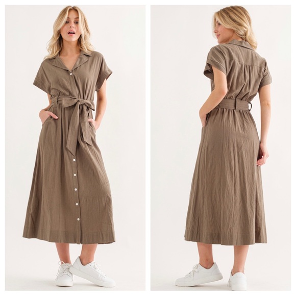 42 Boho Solid Linen Self Tie Waist Long Dress - Picture 2 of 4